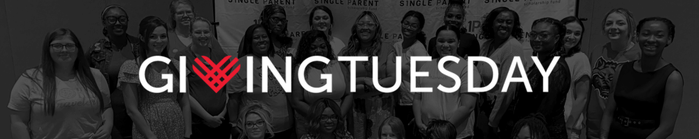 Giving Tuesday overtop a black and white photo of scholarship recipients. 