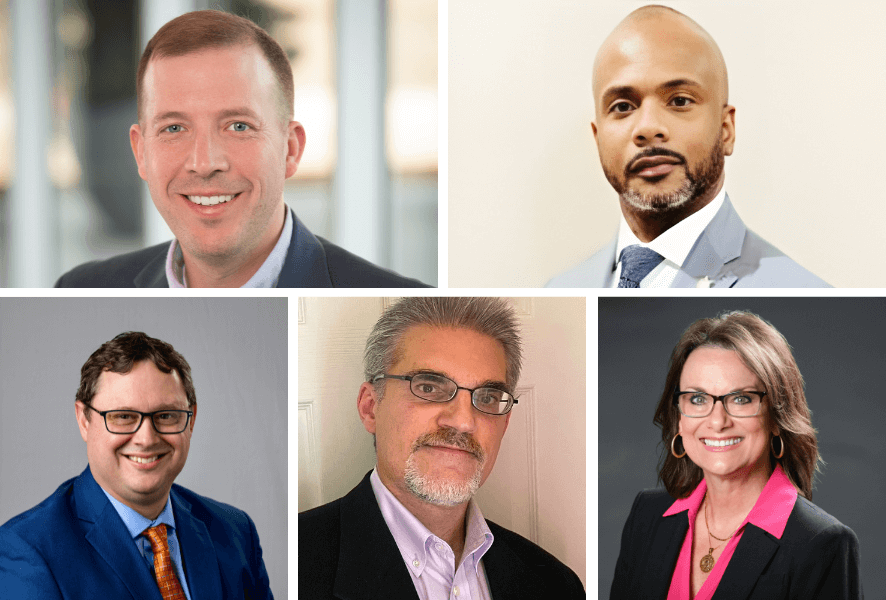 Collage of 5 headshots of new board members