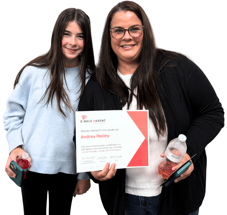 Mom and daughter hold scholarship certificate