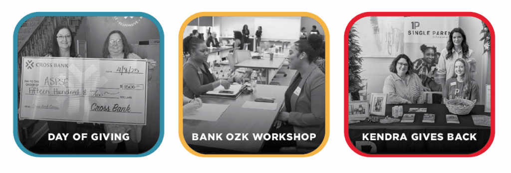 2025 Annual Report-Event Photos 1 (1) Collage of three photos from A Day of Giving, Bank OZK Workshop, and Kendra Gives Back events