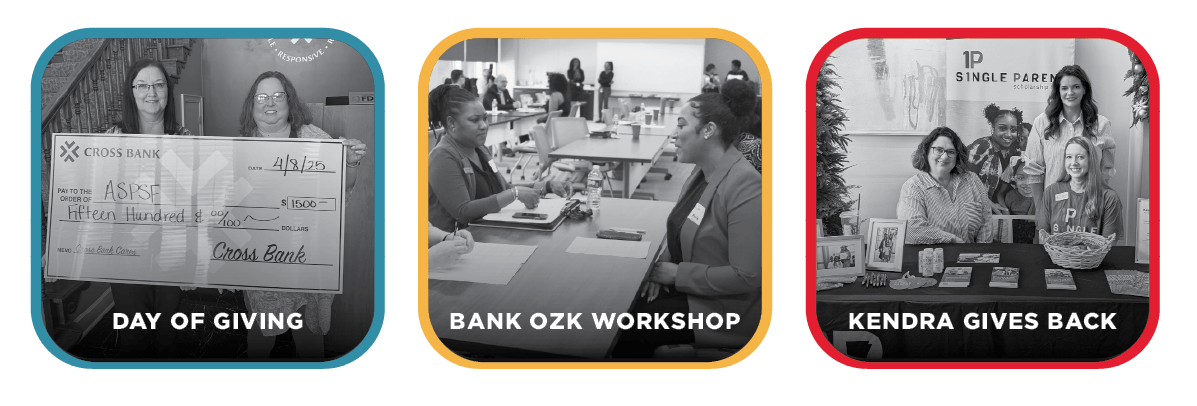 Collage of three photos from A Day of Giving, Bank OZK Workshop, and Kendra Gives Back events