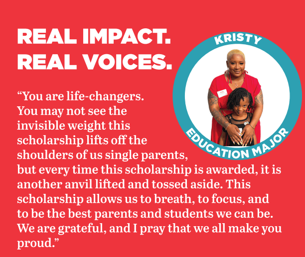 real impact real voices (1) Quote from ASPSF Recipient Kristy. She says that donors are "life-changers."