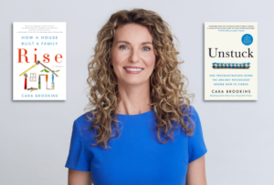 Cara Brookins headshot with front covers of her book