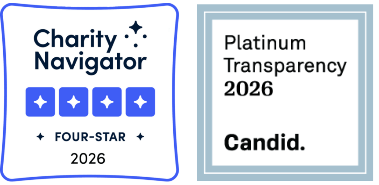 Nonprofit Badges: 2026 Four-star from Charity Navigator and 2026 Platinum Transparency from Candid.