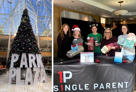 Two photos: One of a big Christmas tree with the words "Park Plaza" in front of it. The seoncd is a group of women holding wrapped gifts behind a table with an ASPSF tablecloth.