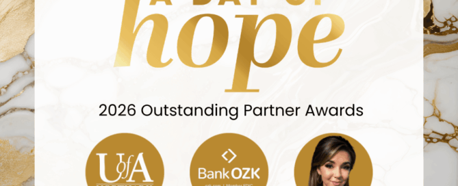 A Day of Hope logo with " outstanding partner awards" along with UofA North Ark logo, Bank OZK logo, and headshot of Bailey Hutcheson