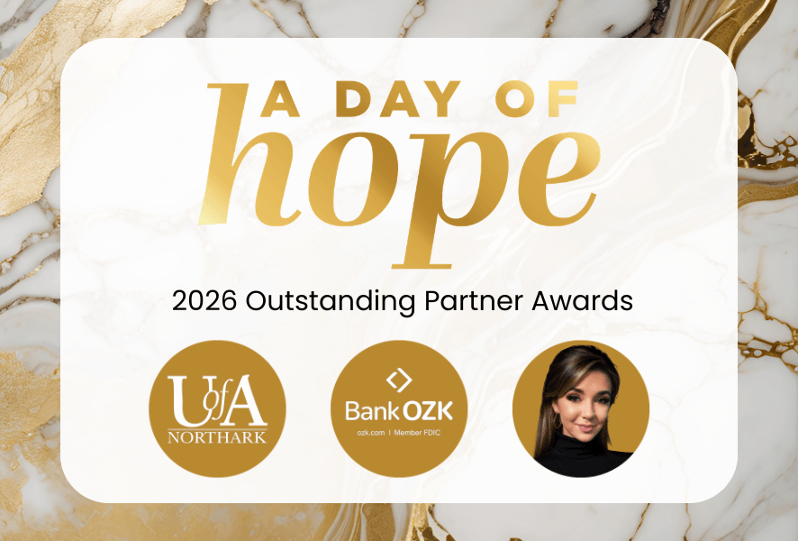 A Day of Hope logo with " outstanding partner awards" along with UofA North Ark logo, Bank OZK logo, and headshot of Bailey Hutcheson