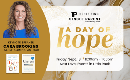 A Day of Hope logo, ASPSF logo, Event Details, Headshot of Cara Brookins, and the front covers of her two books.