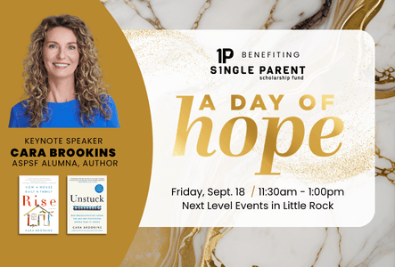 A Day of Hope logo, ASPSF logo, Event Details, Headshot of Cara Brookins, and the front covers of her two books.